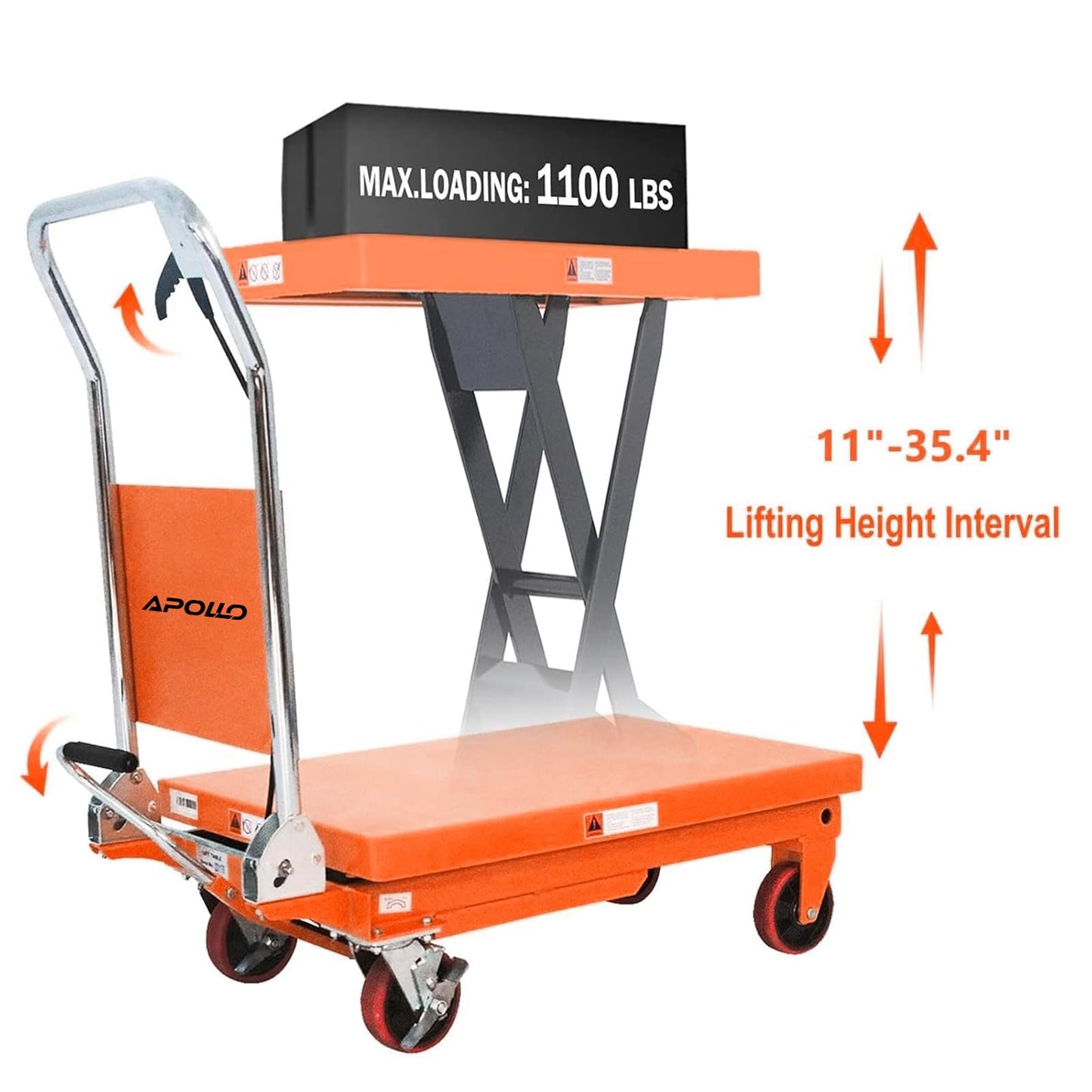 APOLLOLIFT Hydraulic Lift Table, 1100lbs Capacity 35.4" Lifting Height, Single Scissor Lift Table Cart with 4 Wheels and Safety Back Guard for Material Handling and Transportation, Orange