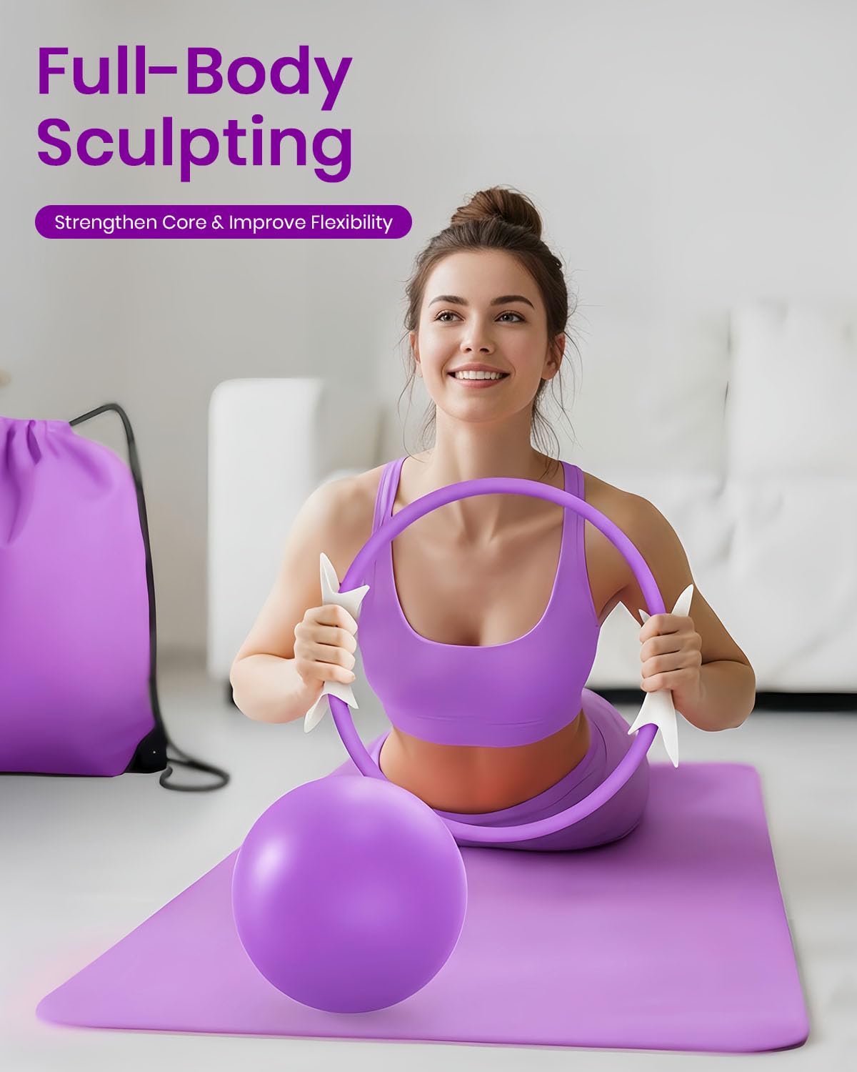 Fuelion Pilates Ring Set for Women, Home Workout Pilates Equipment with Resistance Bands, 14'' Magic Circle, Mini Ball, Pilates Starter Kit for Strength, Toning and Flexibility (Purple, Medium-Level2)