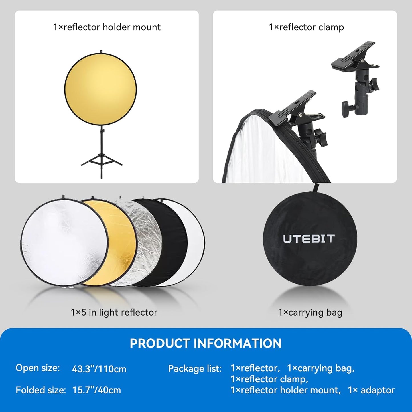UTEBIT 43"/110cm 5 1 Photography Reflector with Stand & Clamp, Collapsible Light Reflector with Bag in Multi Disc