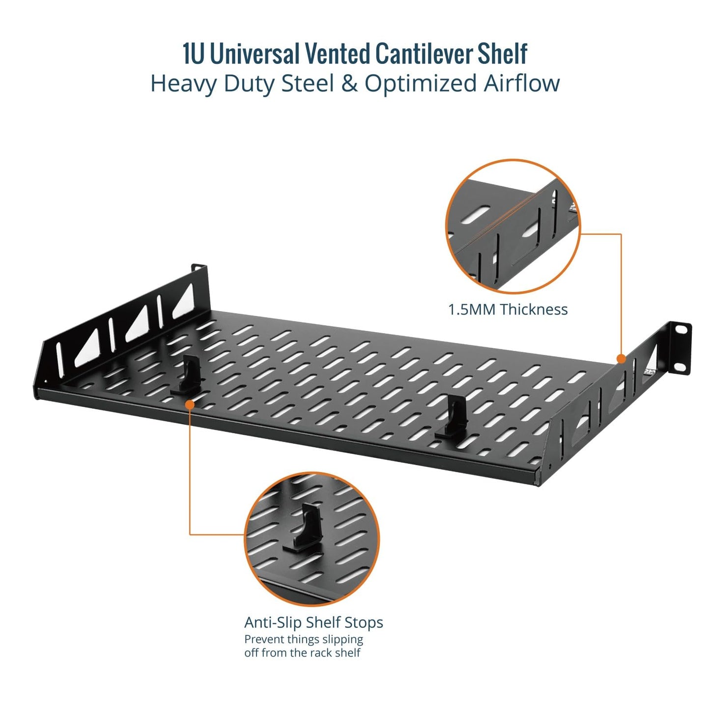 Tecmojo 1U Rack Shelf,19 inch Rack Shelf 10 inch Depth,Rack Mount Shelf with Anti-Slip Stops,Server Rack Shelf and Network Shelf for 19 in Equipments, 55lbs Capacity of Vented 1U Shelf,No Lip(2 Pack)