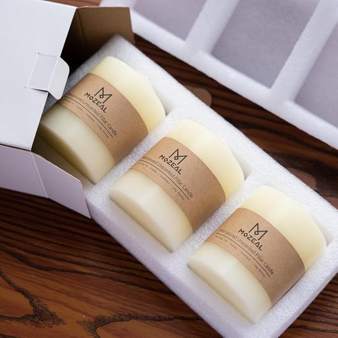MOZEAL 3" x 6" Hand-Poured Unscented Gold Pillar Candles,Dripless Candles Set of 3,Long Lasting Burning,Approx 100 Hours Burn Time for Wedding,Dinner,Christmas and Home Decor