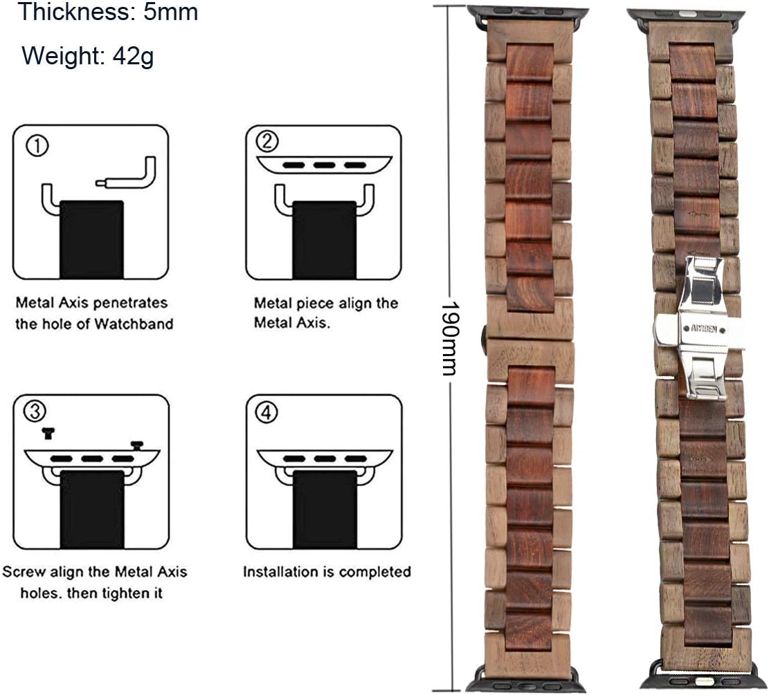 AIYIBEN 42mm 44mm 45mm 49mm 2 9 8 7 6 5 4 3(Walnut Wooden Watch Band with Stainless Steel Butterfly Buckle Compatible