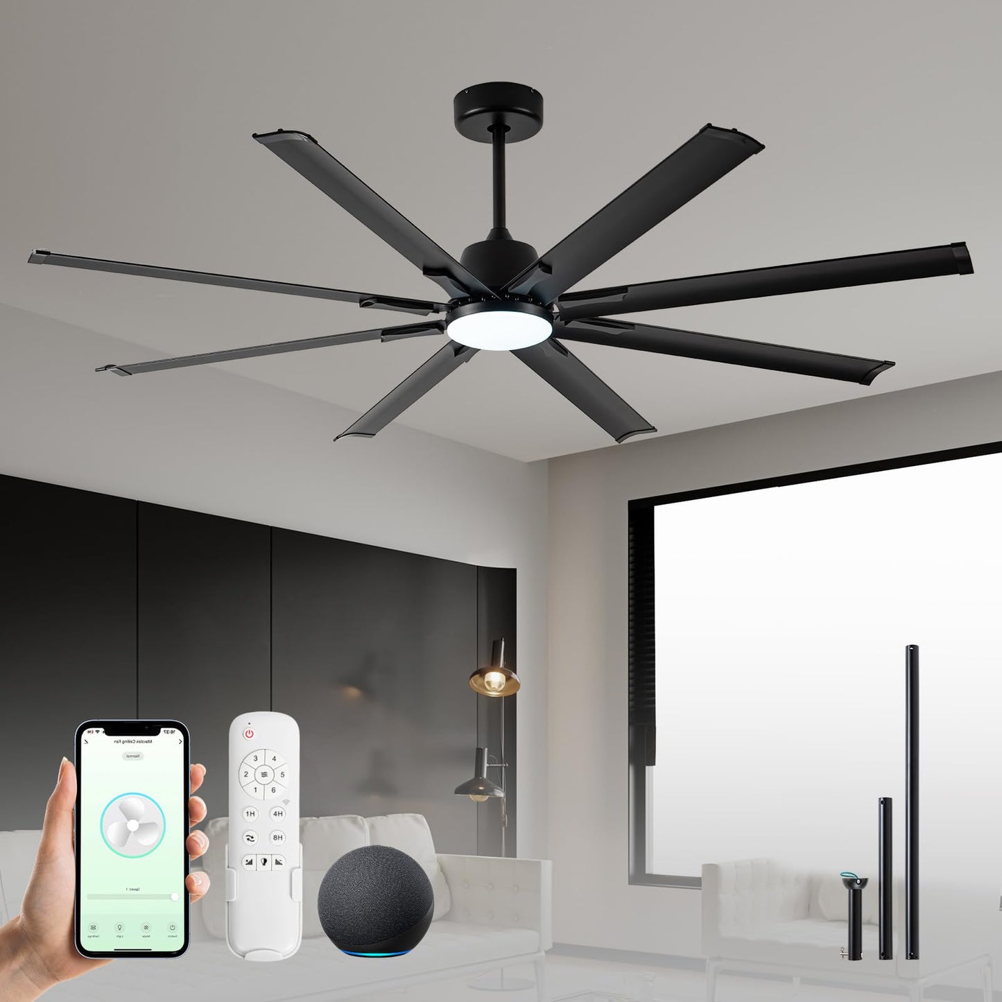 Minislak 72 Inch Ceiling Fan with Light,Industrial Ceiling Fan with 8 Black Aluminium Blades,Smart Fan Compatible with Alexa,Garage Outdoor Indoor Fan for Patio and Living Room