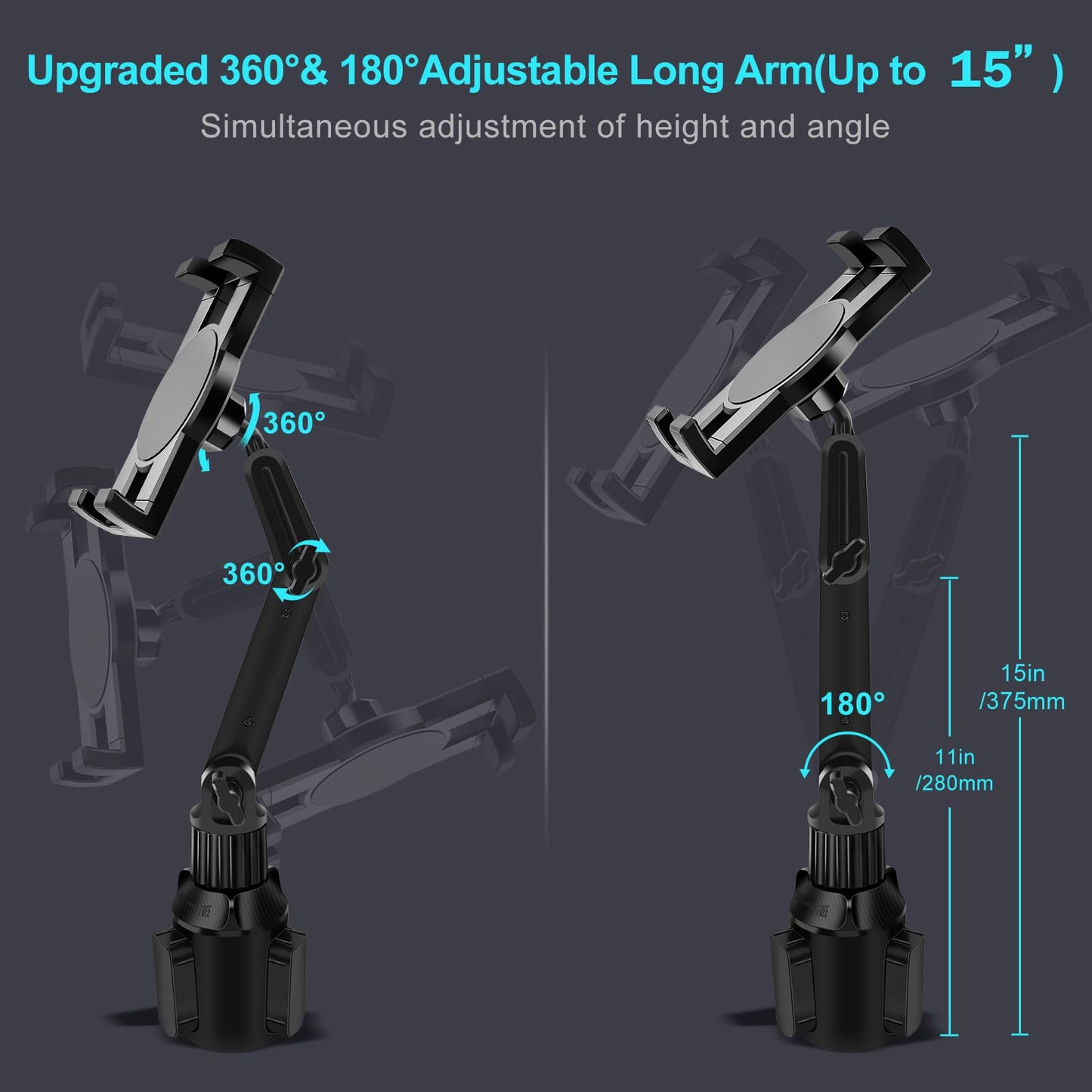 Cup Holder Car Tablet Mount for Truck, 360° Adjustable 15" Long 2-Arm Stand Holder for iPad Pro 12.9/11/10.5/9.7/Air/Mini 6/5/4, Galaxy Tab/Z Fold 6/5/4, iPhone 17/16/Pro, 4.7-12.9" Tab &Phone