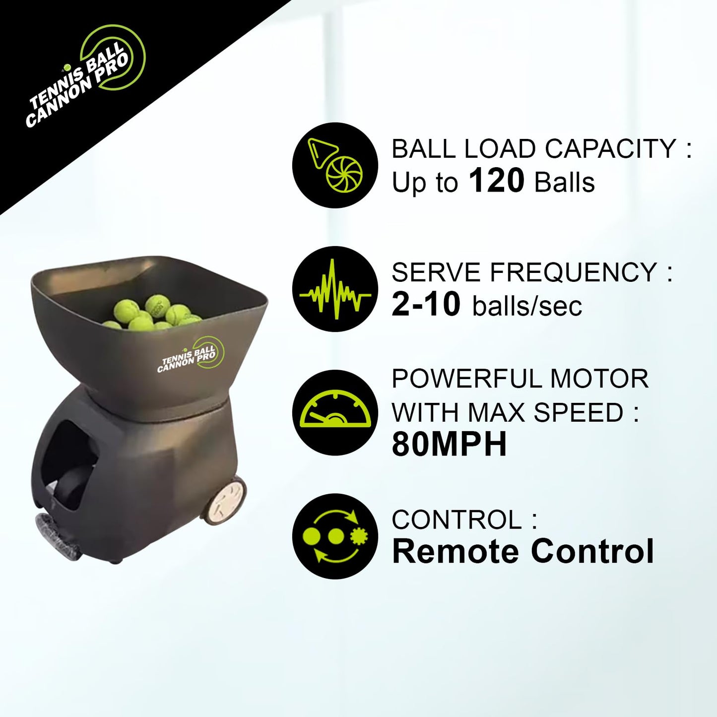 PMT Medical Tennis Ball Cannon Pro: Portable Tennis Ball Machine (48lbs) - Dual Motor for Top Spin and Backspin | Up to 120 Balls, Max Speed 80MPH | 6 Hours Playtime with Rechargeable Lithium Battery