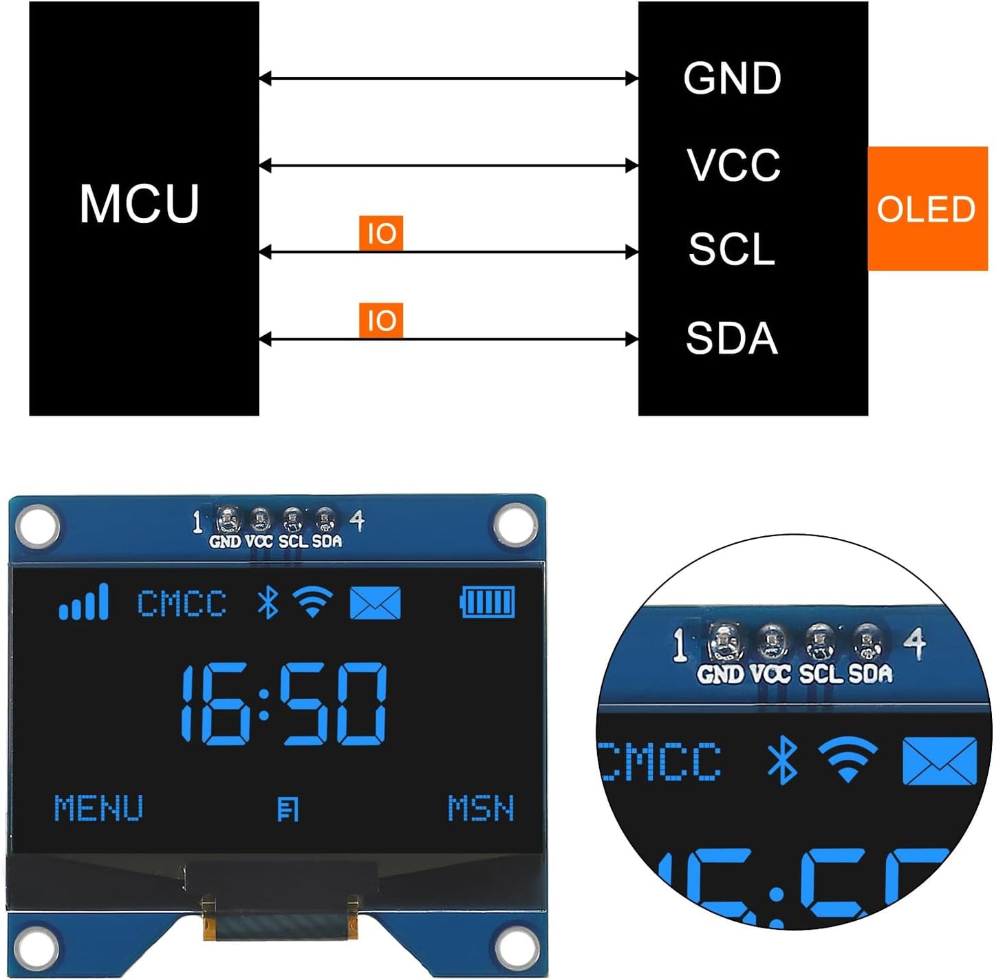 JUZITAO 2PCS 1.54 Inch I2C 12864 128x64 SSD1309 I2C OLED IIC Display Module Pixel Driver Serial Interface Display Board