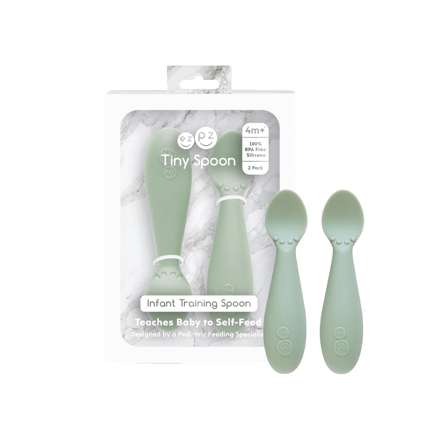 ezpz Baby Feeding Bundle – Tiny Spoon (2-Pack, Sage) + BLW Food Cutters (2-Pack, Pewter) – 100% Silicone Baby-Led Weaning Set for 6–9+ Months – Infant Feeding & Prep Essentials