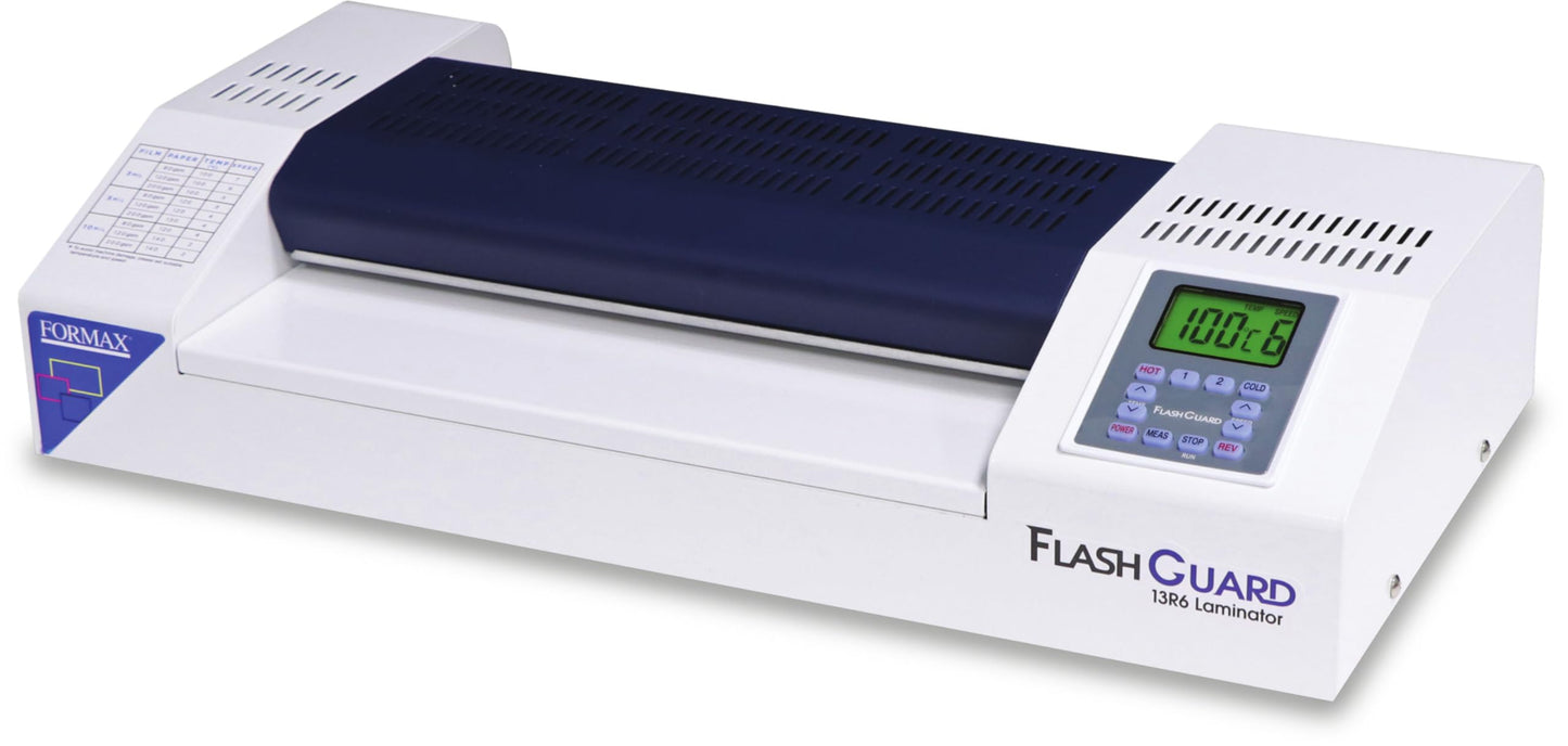 Formax FlashGuard 13R6 Laminator; 1500W; 110-120V, 50/60Hz; 15A; Heavy-Duty 6 Roller System; All-Metal Construction; Graphics-Based LCD Screen; Variable Temperature and Speed