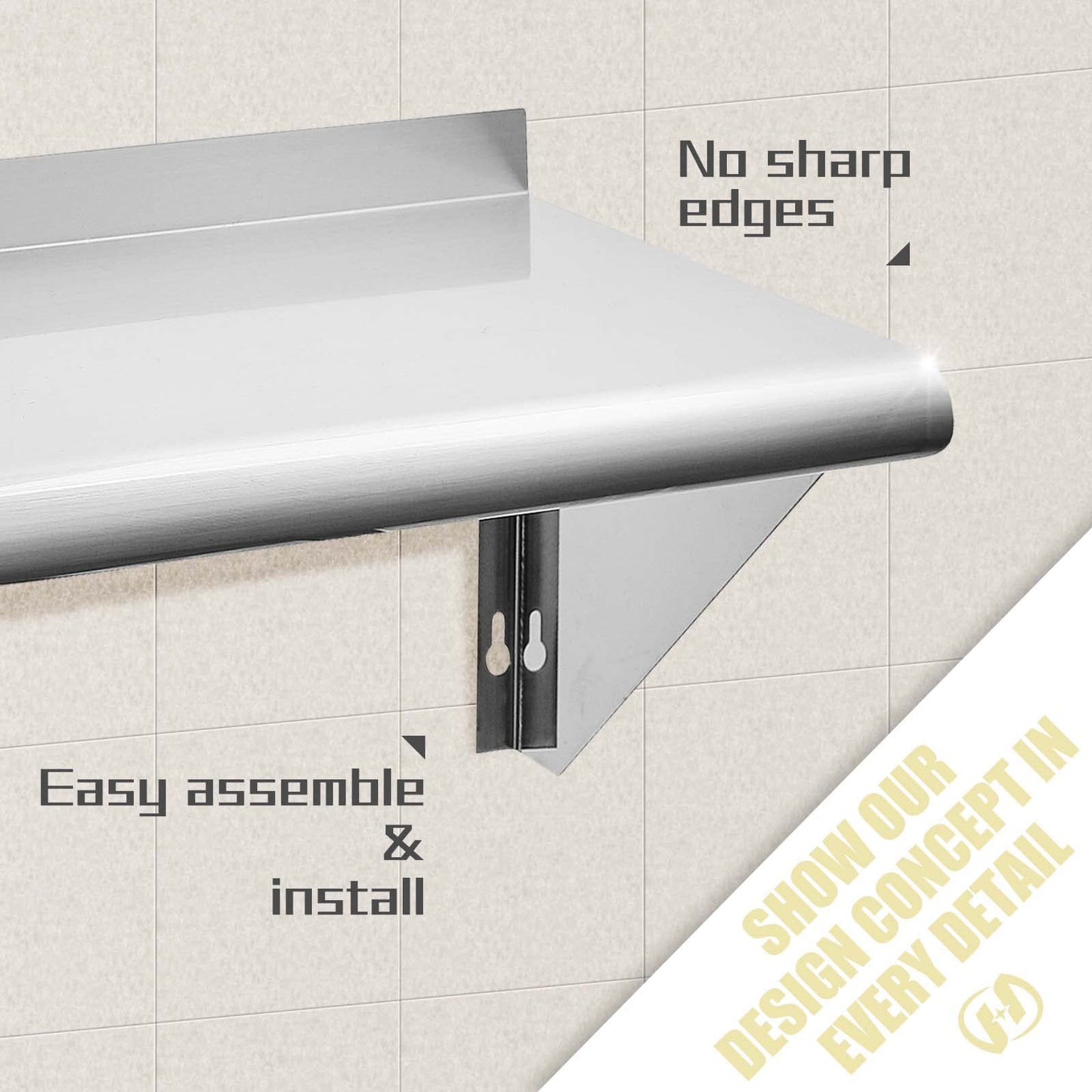 Hally Stainless Steel Shelf 12 x 72 Inches 345 lb, NSF Commercial Wall Mount Floating Shelving for Restaurant, Kitchen, Home and Hotel