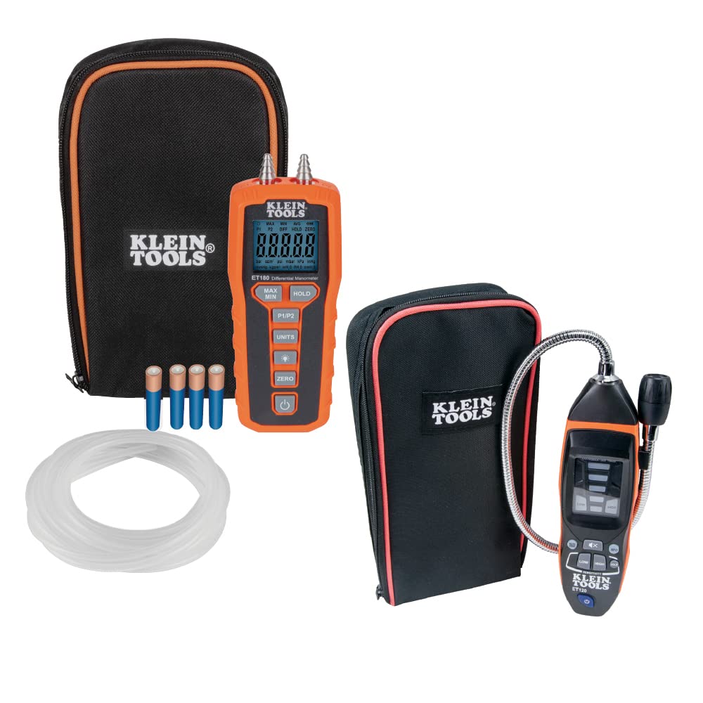 Klein Tools 80142 Gas Leak Detector Kit, Combustible Gas Detector and Digital Manometer HVAC Pressure Tester, Dual-Port, 2-Piece