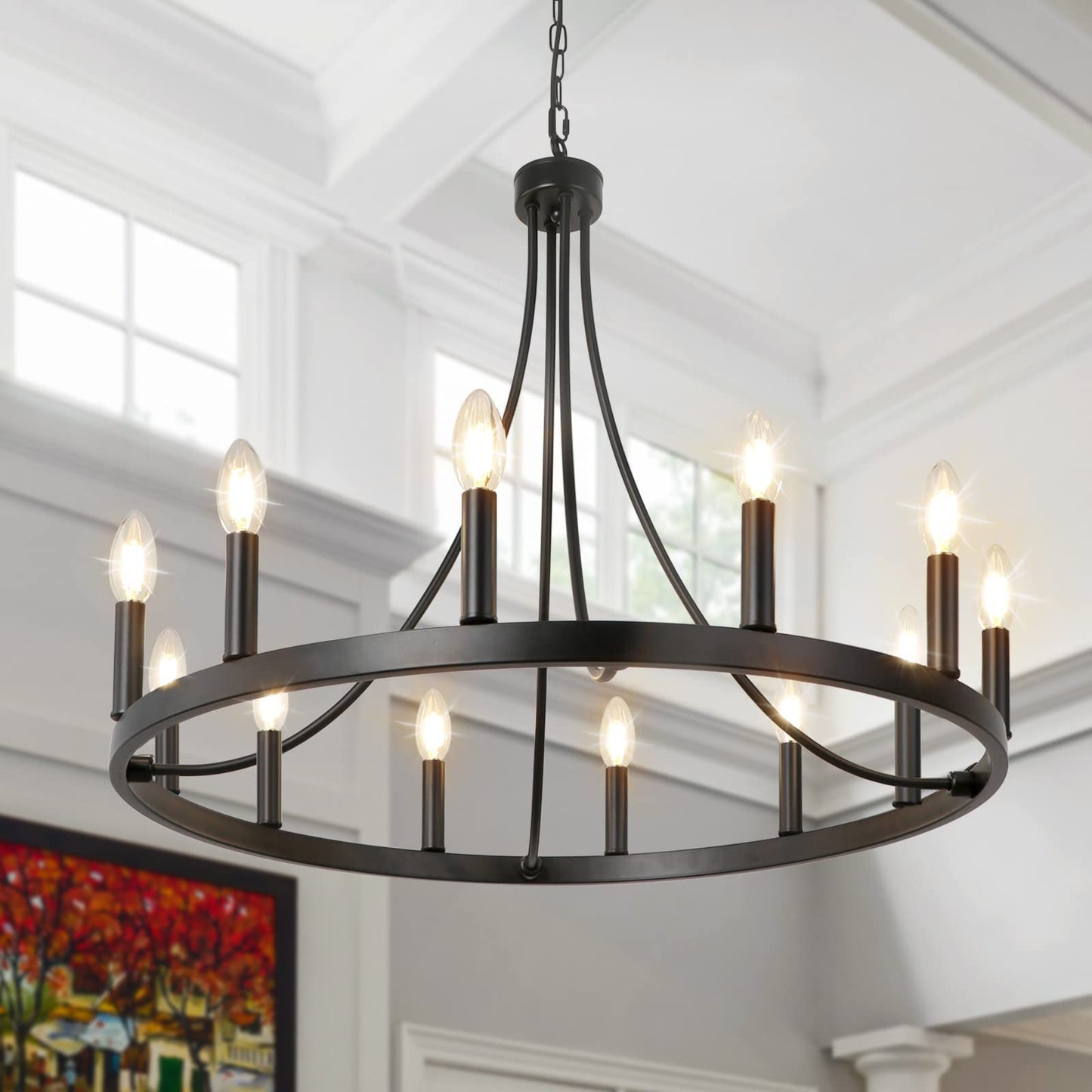 LynPon Black Wagon Wheel Chandelier, 12 Lights Rustic Farmhouse Dining Room Light Fixtures, Diam 27 Inch Round Chandeliers Industrial Hanging Light Fixture for Living Room Kitchen Foyer Entryway