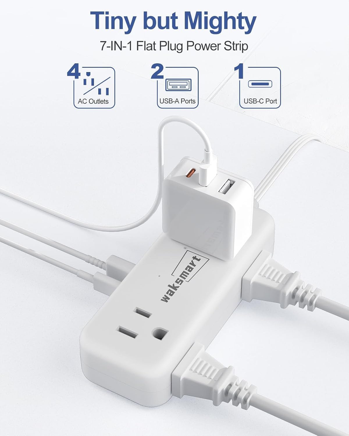 Waksmart PD20W -3 4 3 Flat Plug Power Strip Ft Flat Plug Extension Cord with AC Outlets Quick Charging USB Ports, Flat