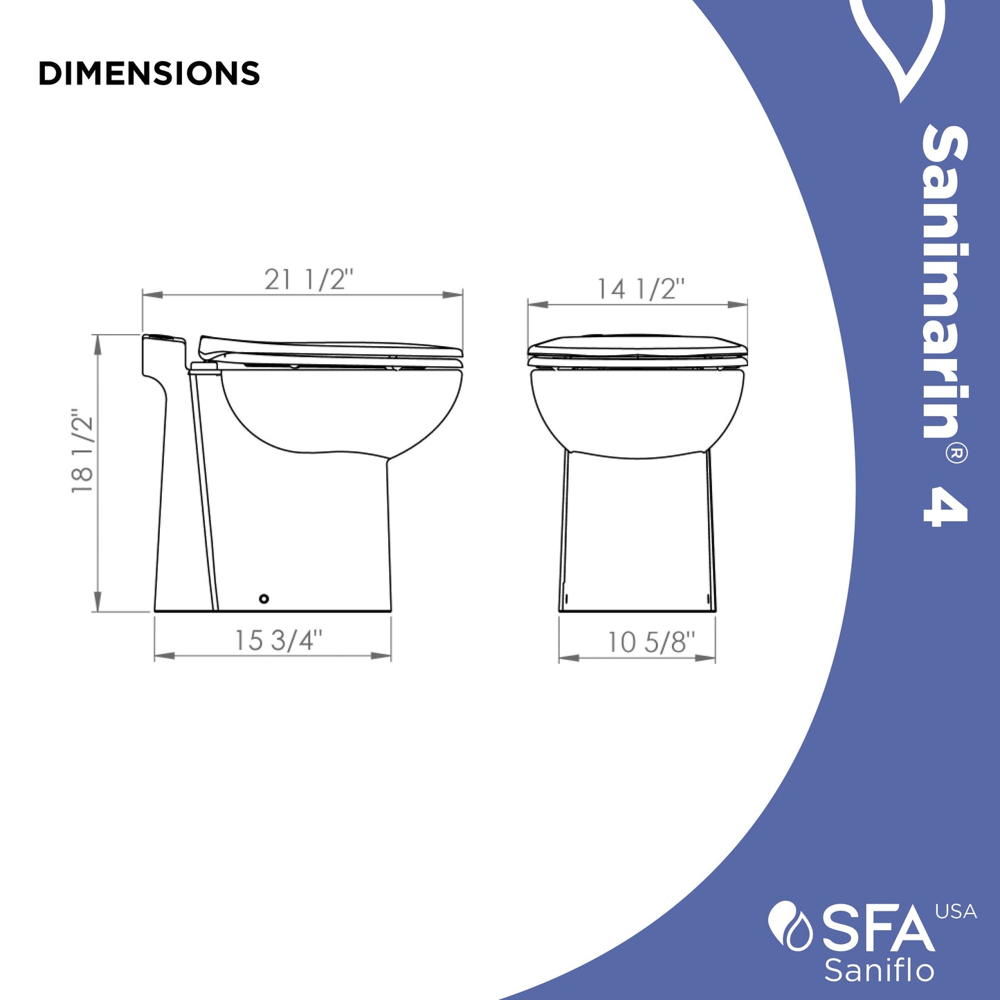 SFA SANIFLO - Sanimarin 4 - Electric Marine Macerating Toilet - Confortable & Standard Height - Stainless Steel Blade - Quiet, 52 dB(A) - Control Panel Included - 12V - Made In France