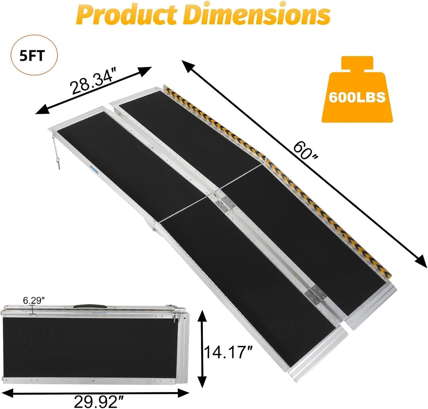 Heavy Duty 5 FT Wheelchair Ramp - 600 Lbs Weight Capacity, Non-Skid Aluminum Ramp with Reflective Strips & Transition Plate for Home Use