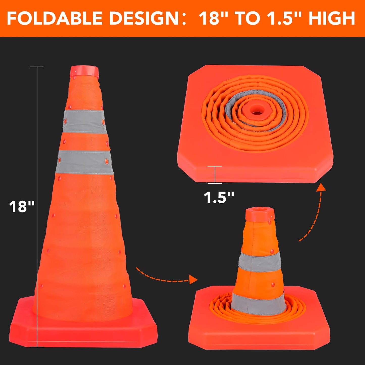TENKAIWICK 18 Inch 6 Pack Traffic Cones,Collapsible Safety Cones,Multi Purpose Pop-up Cones with Reflective Collar,Orange Cones for Parking lot, Driveway, Driving Training etc