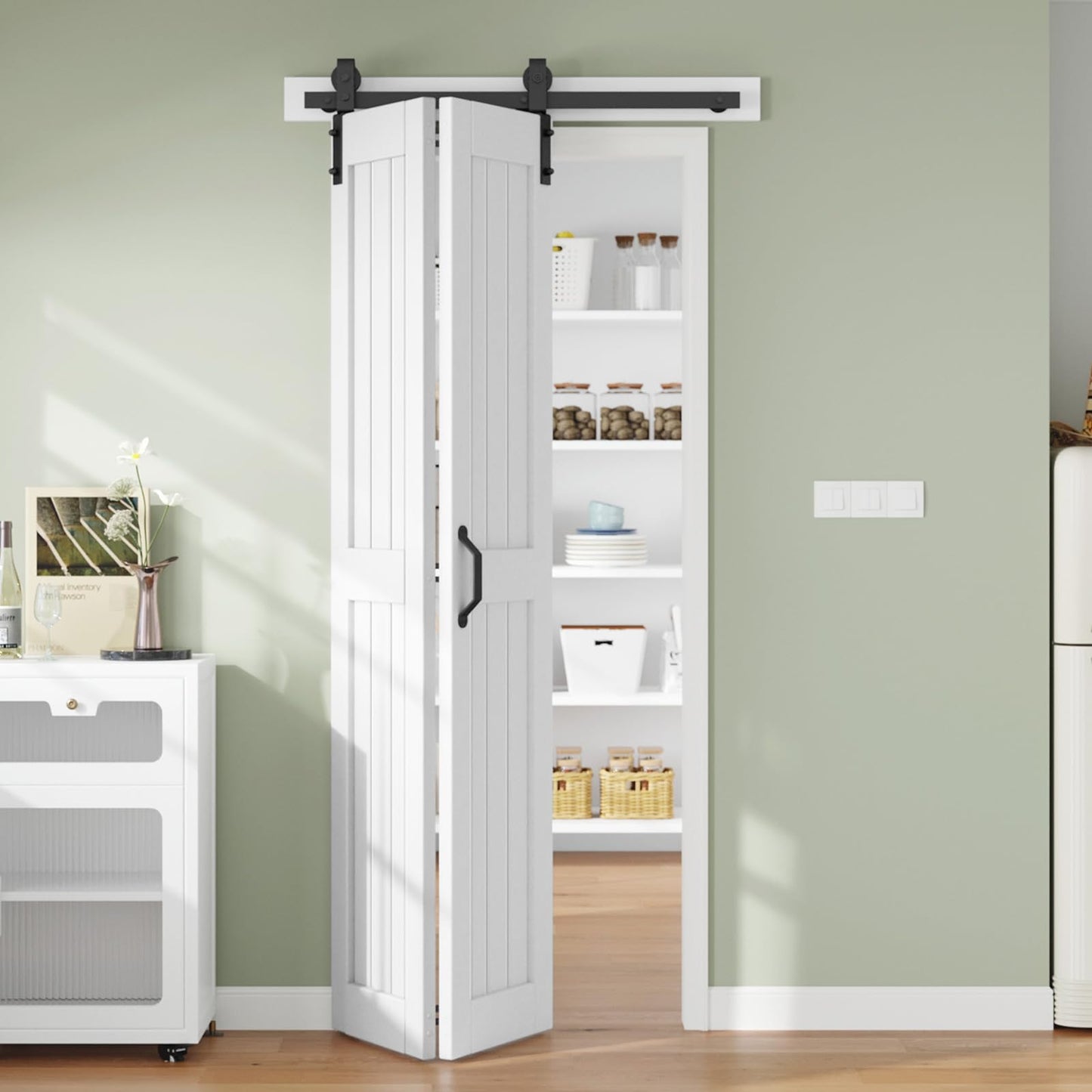 Finosen Bifold Barn Door 42 x 84 in (Double 21 inch)，Bi-fold Sliding Closet Doors with Hardware Track kit Included, 3.8ft Rail for 2 Doors, MDF Wood Panel,PVC Surface, Save Space,DIY Assembly, White