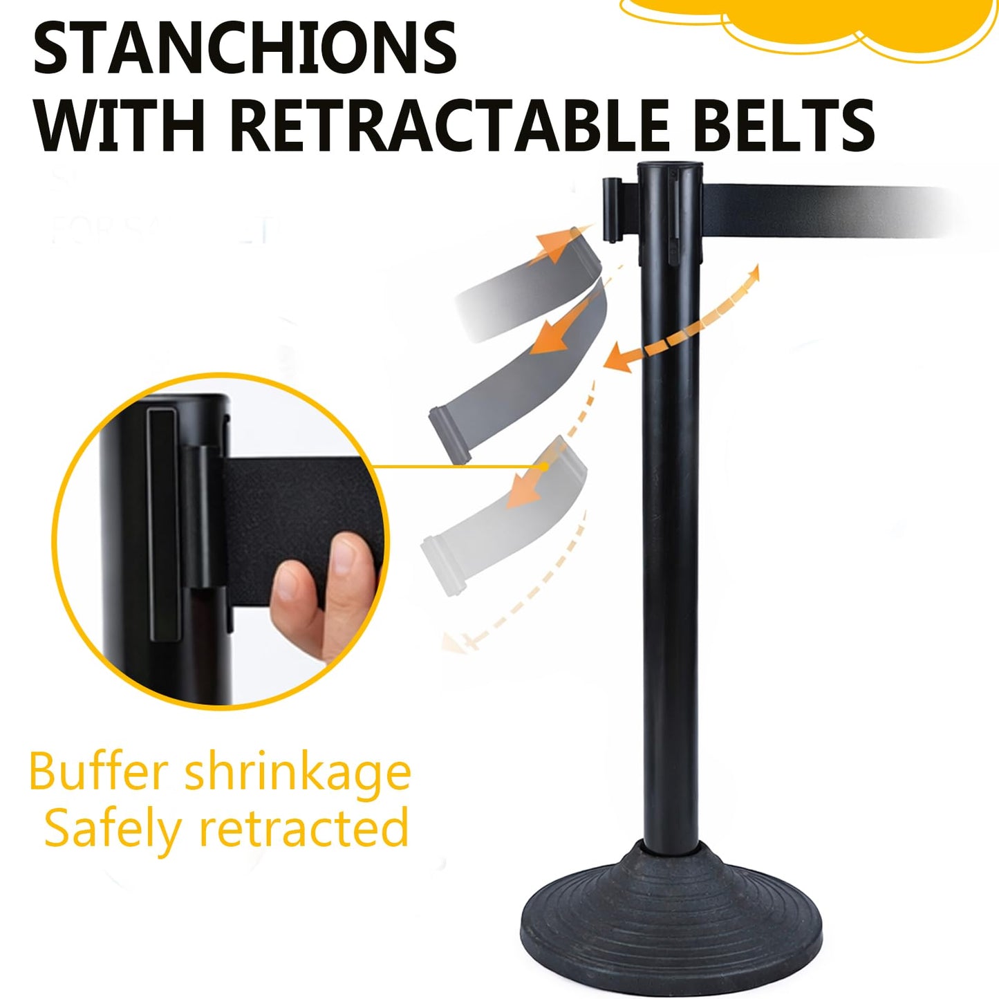 6PACK BESEA Crowd Control Stanchions Set Heavy Duty Crowd Control Barriers with 10' FEET Black Retractable Belt, Rubber Base(6PACK)