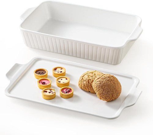 Dizada Large Casserole Dish - 5.2 Qt Porcelain Baking Pan with Lid | Deep 2-in-1 Ceramic Bakeware