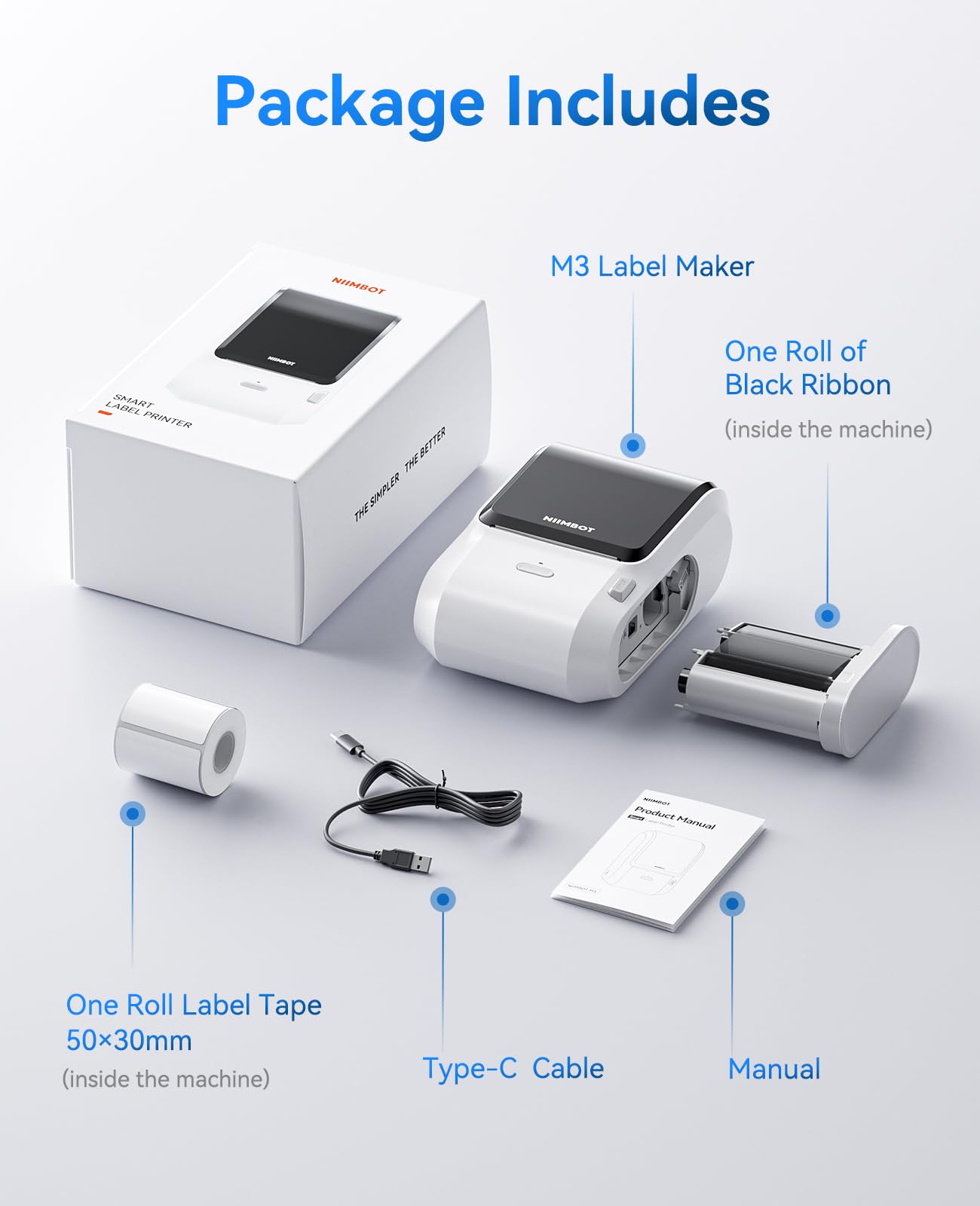 NIIMBOT M3 Label Maker Machine with Tape, 3'' Bluetooth Thermal Transfer Sticker Printer for Small Business Clothing, Address, Cable Storage, Compatible with Phones & PC(Not for 4x6 Shipping Label)