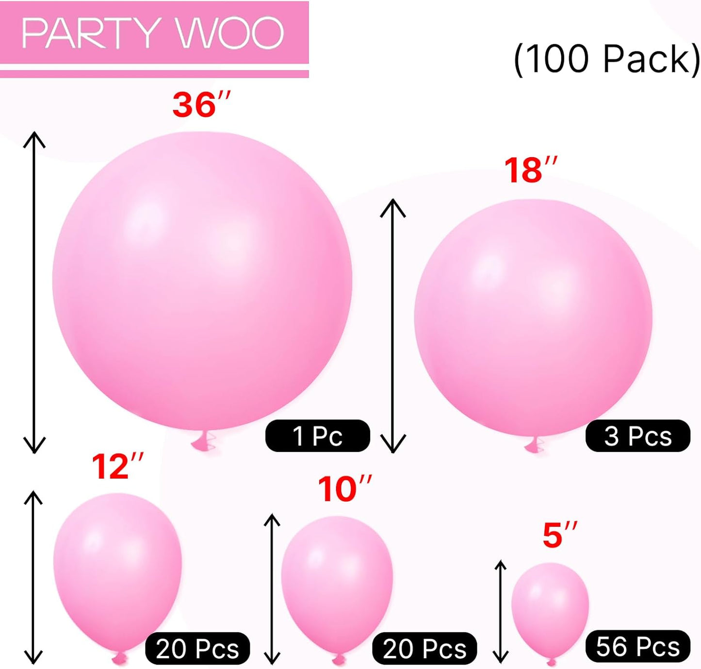 PartyWoo Pink Balloons - 100pcs Matte Pink Balloon Arch Kit for Baby Shower & Birthday Decor | Various Sizes