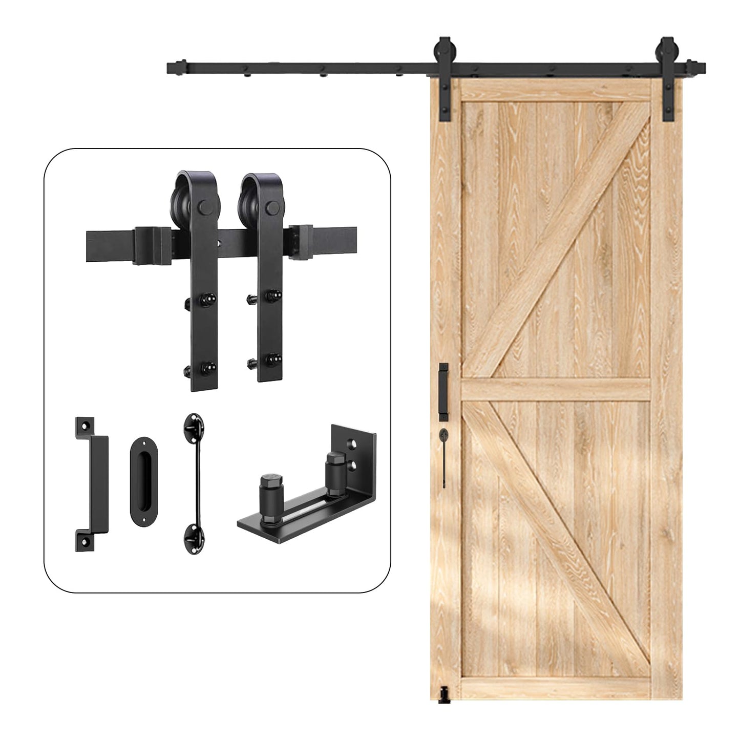 HomLxclx 6.6 FT Heavy Duty Sliding Barn Door Hardware Kit-Smoothly and Quietly-Easy to Install with Adjustable Floor Guide,Door Hook and 2 Handles-Fit 1 3/8-1 3/4" Thickness (Black)(J Shape Hangers)