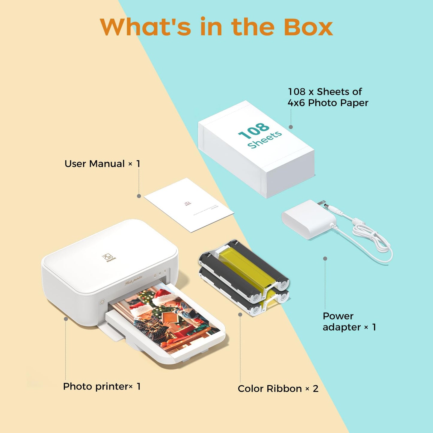 HPRT Photo Printer 4x6 with 108 Sheets & 2 Cartridges, Instant Picture Printer for iPhone & Android, Bluetooth Dye Sublimation Phone Photo Printer, Home Use, Ideal Gift, White