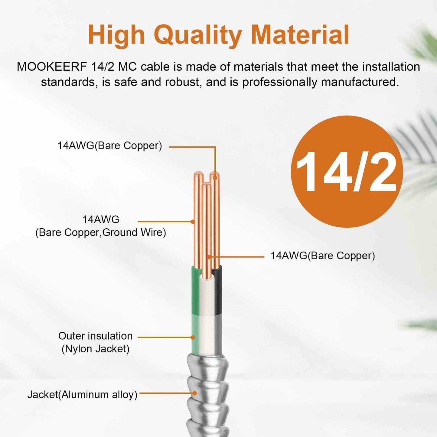 MOOKEERF 14/2 MC Cable with Ground - 10FT Pure Copper 14AWG/2 Metal Clad Wire with Aluminum Armor 14 Gauge 2 Conductor Type MC Alum Cable