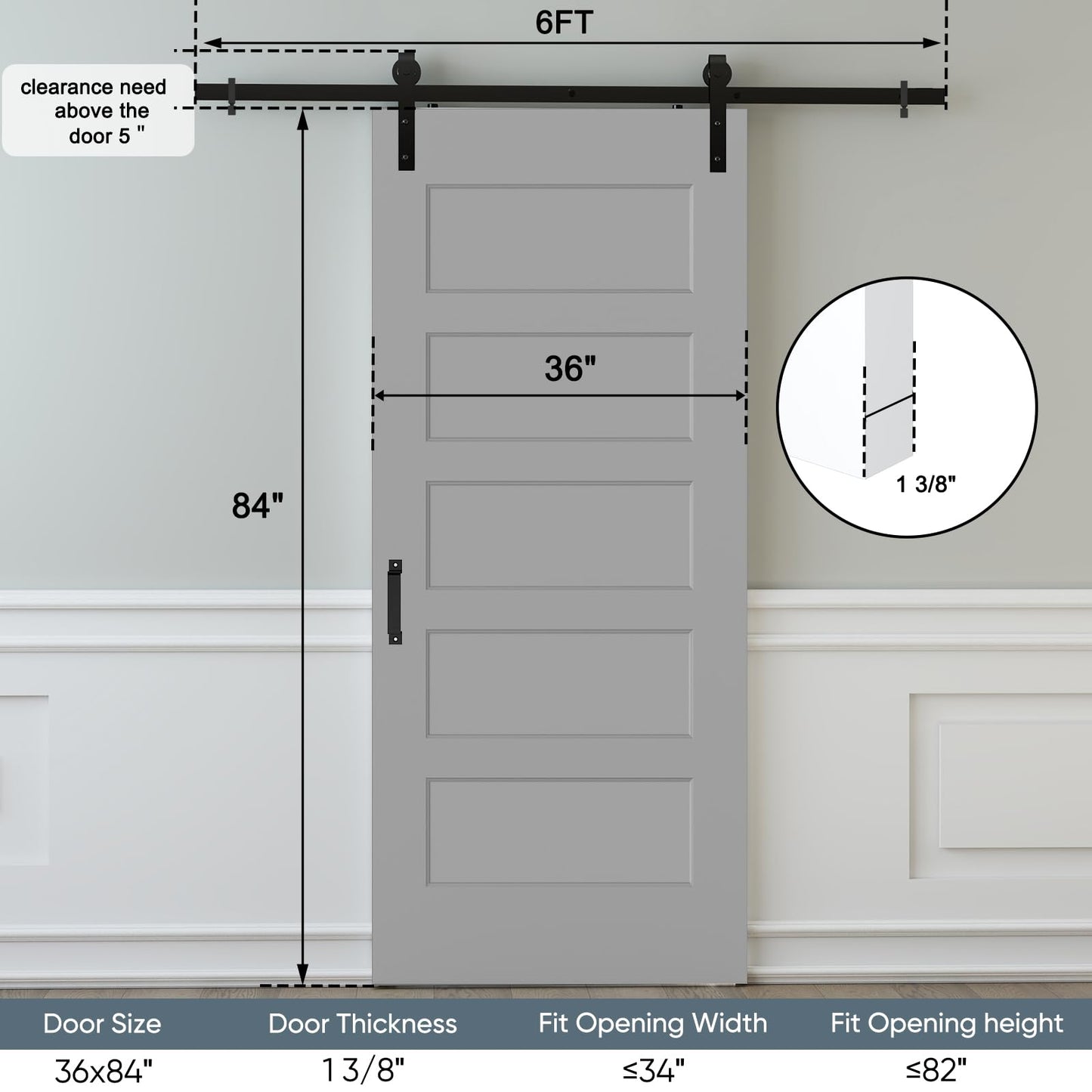 JUBEST 36"x84" Sliding Barn Door, 5-Panel White Primed Hollow Core Interior Molded Door Slab with 6FT Hardware Kits & Handle, Preassembled Panels with Paintable Surface, Durable & Sturdy