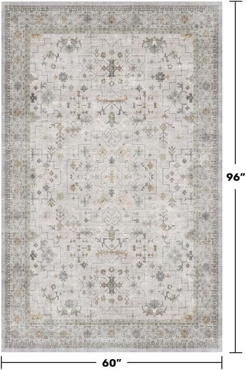 Hazo Haus Boho Light Grey 5x8 Area Rug - Modern Vintage Floral Design, Washable Non-Slip for Living Room & Nursery