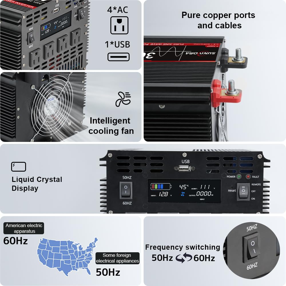 3000 Watt Pure Sine Wave Power Inverter, 12V DC to 110V/120V AC Converter 6000W Peak, with Remote Control LCD, 4 AC Outlets & USB Port & Hardwire Terminal, for Car Truck RV Camping Solar System EPS