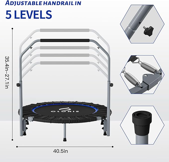 CLORIS 40in Folding Trampoline Mini Trampoline Rebounder Trampoline for Adults Fitness Trampoline with Adjustable Foam Handle, with safty Padded Cover Best Gift.