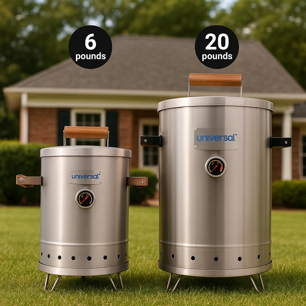 Universal 20-pound Stainless Steel (25-servings) Charcoal Barrel Smoker with Thermometer & Airlock system - 20.5"x 29.6" x ⌀15.5", 2 in 1 Vertical Grill and Smoker, Slow Cooking Barrel