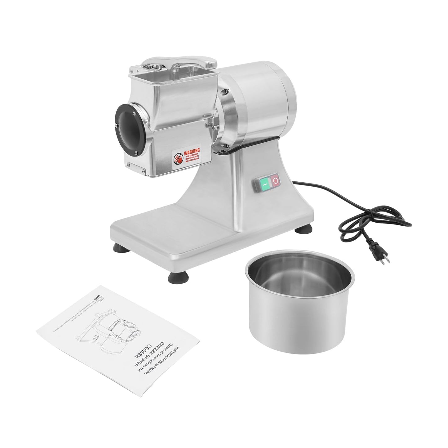 Commercial Cheese Grater for Block Cheese, 110V 550W Electric Cheese Grinder Machine 88lbs/H Heavy Duty Stainless Steel Automatic Butter Bread Bran Mill with Safety Shield & Bucket
