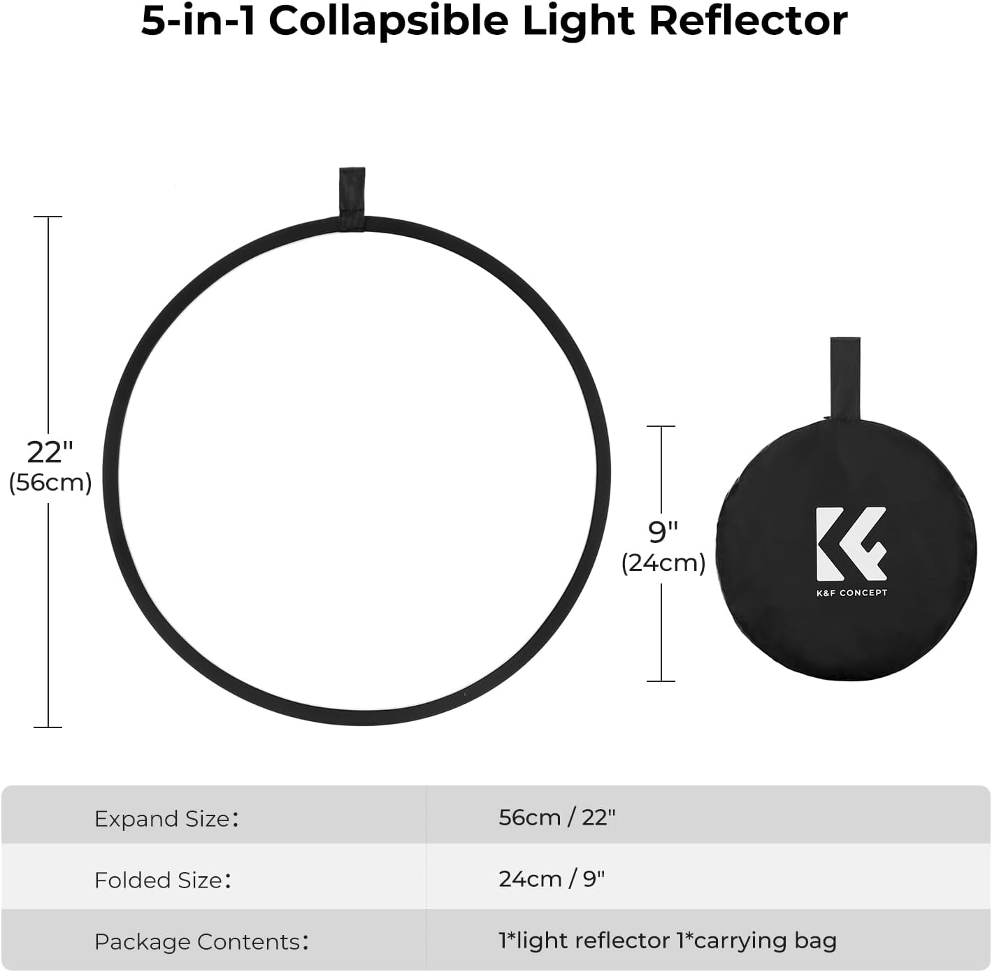 K&F CONCEPT 5-in-1 22" (56cm) Light Reflector Photography Diffuser Collapsible Portable for Studio and Outdoor Lighting