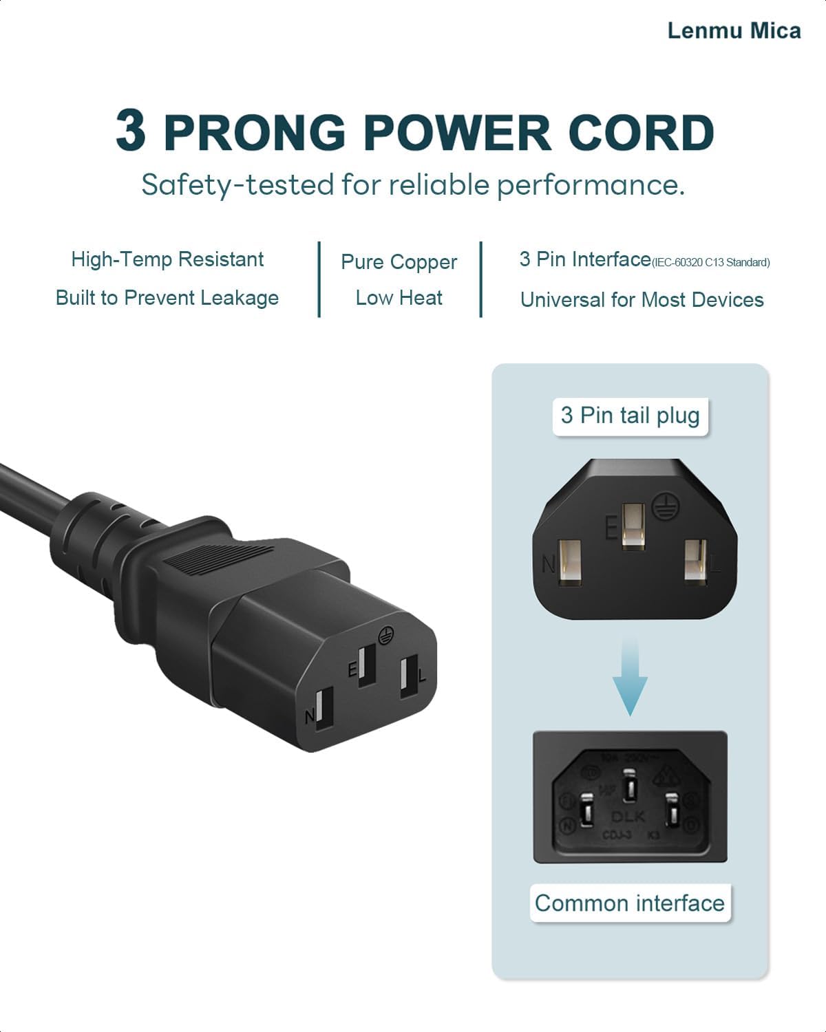 Lenmu Mica 18AWG 3-Prong 3 Amplifier Power Cord Compatible with ION Pathfinder, ION Block Rocker, ION Tailgater