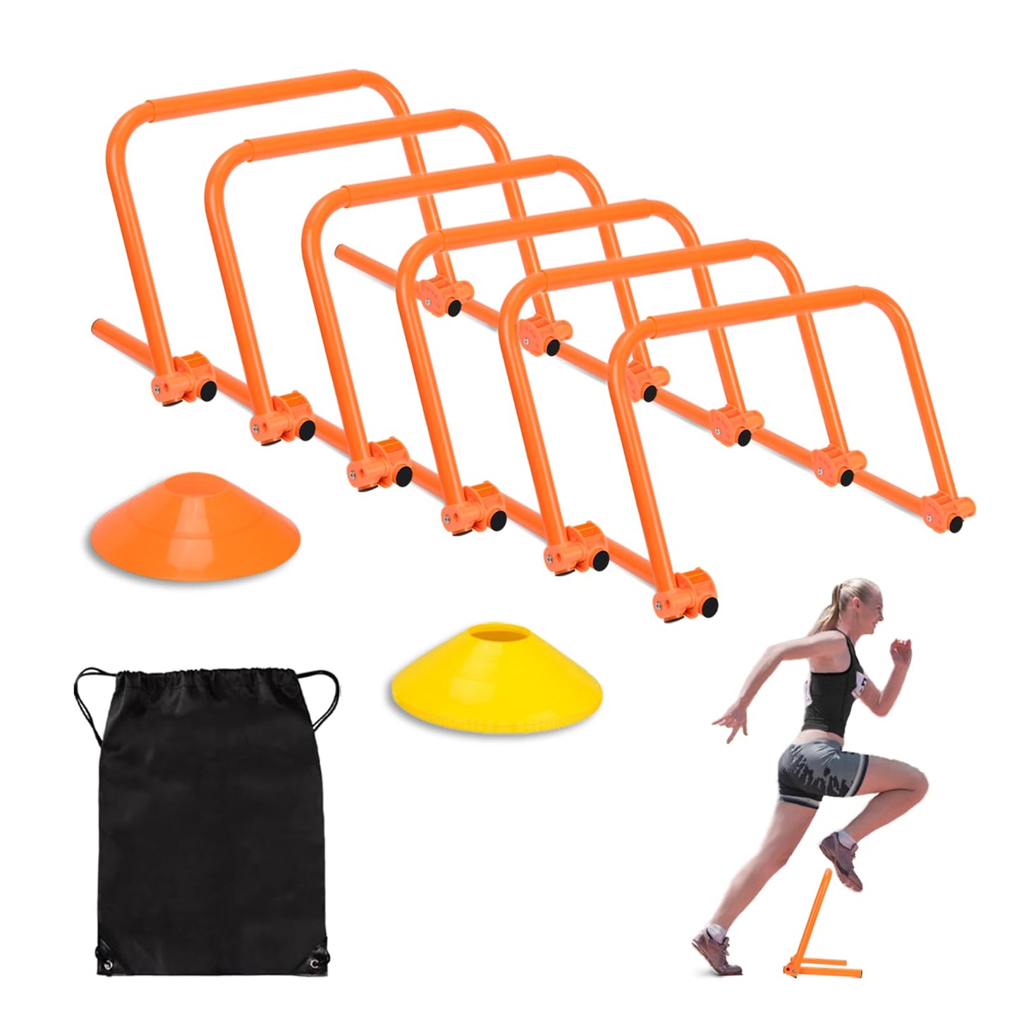Hikeen Agility Speed Training Hurdles, Adjustable Agility Training Hurdles for Football, Basketball, Soccer Hurdles Training Equipment Set of 6, with 12 Marker Cones, 1 Storage Bag