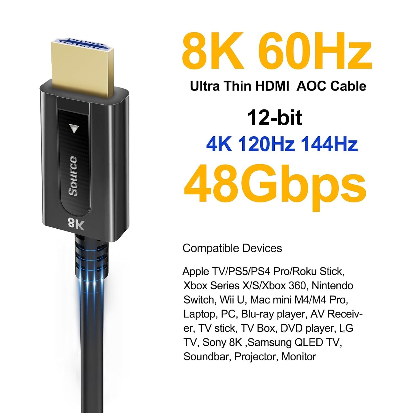 25 ft,8K 2.1 Cord,48Gbps,8K@60Hz 4K@120Hz, HDR10 Dolby PS4/PS5, Fiber Optic HDMI Cable Long HDMI Cable,Ultra High Speed