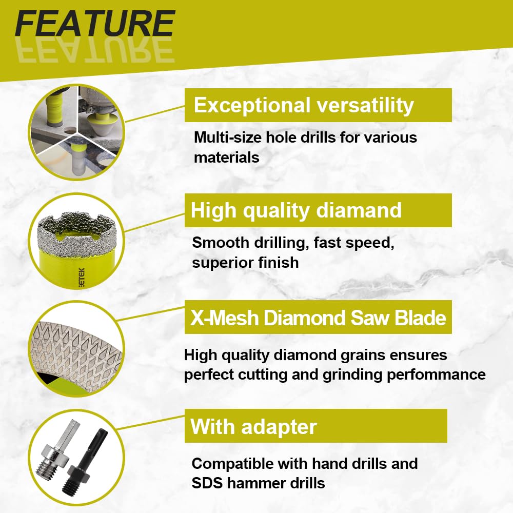 Tile Hole Saw Kit - Diamond Core Drill Bits Set SANLEETEK for Porcelain Tile Ceramic Marble 6/6/8/20/35/50/75/100MM+4/5'' Finger Bit+2" Chamfer Bit+4.5" Saw Blade+SDS/HEX, 13pcs