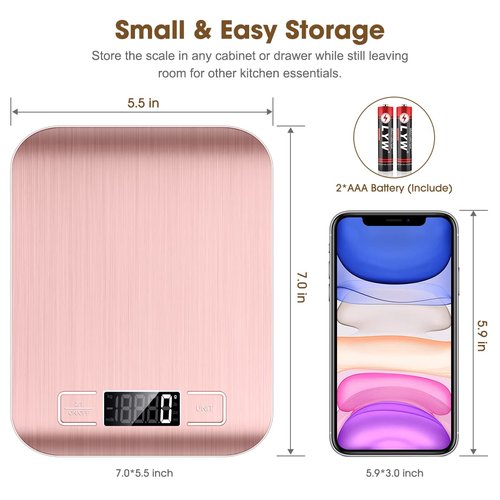 Mik-Nana Digital Kitchen Scale - 10kg/22lb Capacity, Pink Color, Precise 1g Graduation, Easy Clean Stainless Steel