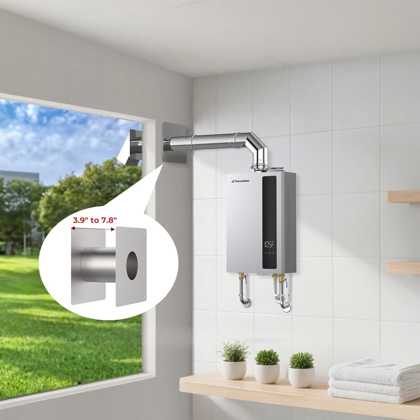 Thermomate 3" Vent Pipe Kit, Universal 3 Inch Stainless Steel Horizontal Vent Kit for Most Gas Tankless Water Heaters, Includes Termination Hood, 90° Elbow, Vent Pipes, Wall Thimble