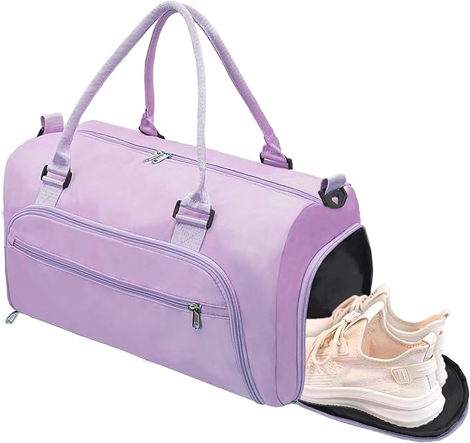woogwin Small Gym Bag for Men & Women with Shoes & Wet Compartment Waterproof Duffle Bag for Travel Sports Workout Overnight Weekender (17.7'',Purple)