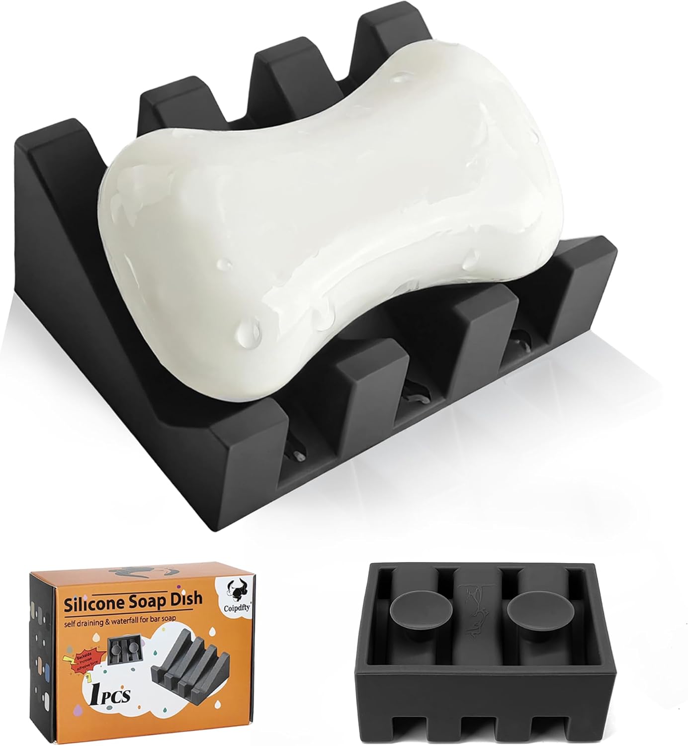 Skiennix Soap Dish Holder - Self-Draining Silicone Design with Suction Cup | Keeps Soap Dry (Black, 1 Pack)