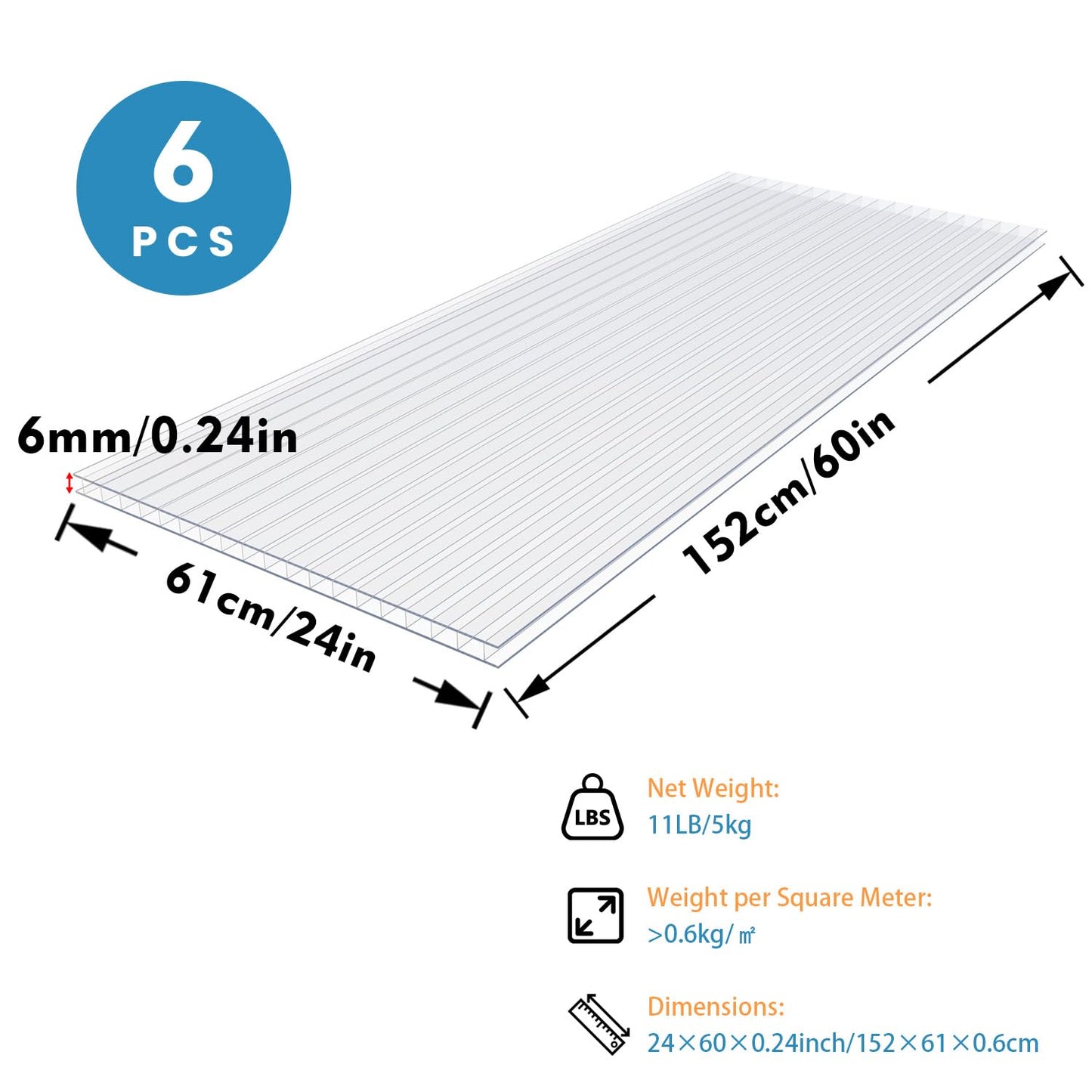 Vigo huseeo 6 PCS Polycarbonate Greenhouse Panels, 60''X 24''X 0.24'' Twin-Wall Roof Panels Sheets, Waterproof UV Protected Plastic Roof Sheeting for Greenhouse Covering