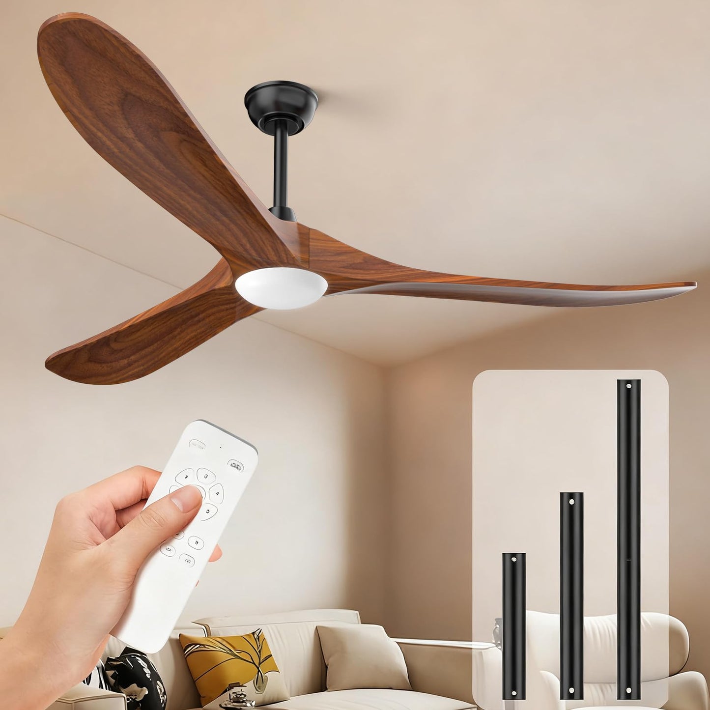 Obabala 70" Outdoor Ceiling Fan with Light and Remote, Solid Wood 3-Blade Ceiling Fan with DC Motor for Patio and Farmhouse, Dark Walnut
