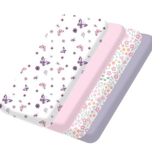 Little Grape Land Mini Crib Sheets 4 Pack, Pack n Play Sheets Fitted 38 x 26 for Boys and Girls, Pack and Play Sheets Compatible with Graco Pack n Play Playard, Butterfly Flower