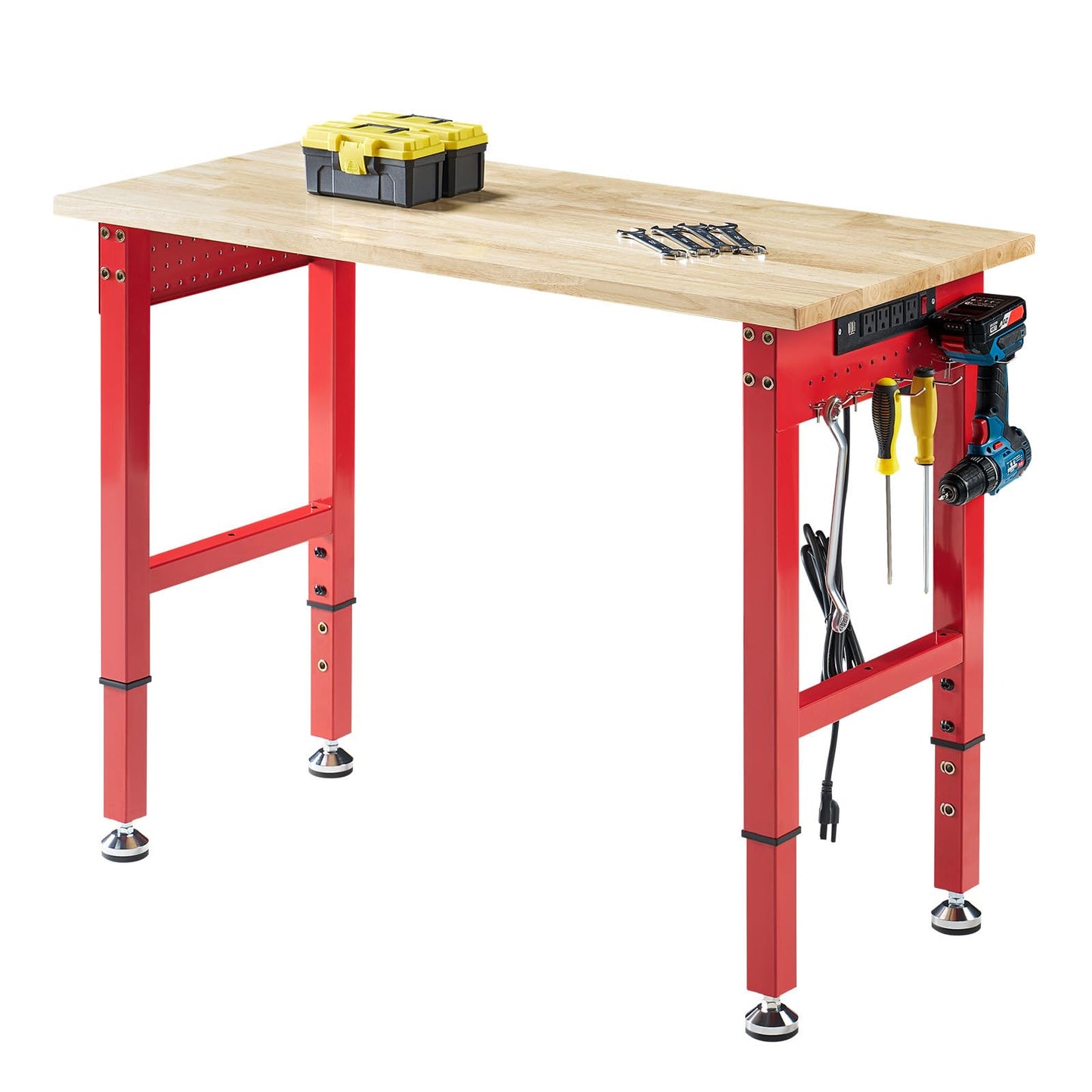 Albott 44x20 Adjustable Workbench with Power Outlets, 2000 LBs Heavy Duty Work Table with Hooks, Solid Rubber Wood Top, for Garage, Woodworking, Workshop, Home Office, Red