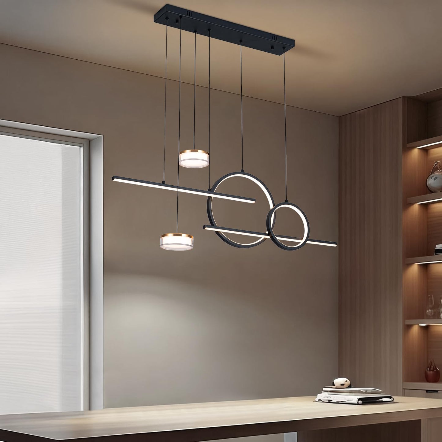 Jyforid Modern Black LED Dining Room Light Fixture with Remote Control, 38.5" 38W 3-Color Temp Stepless Dimmable Island Pendant Lights, Hanging Adjustable Linear Chandelier for Kitchen Bar