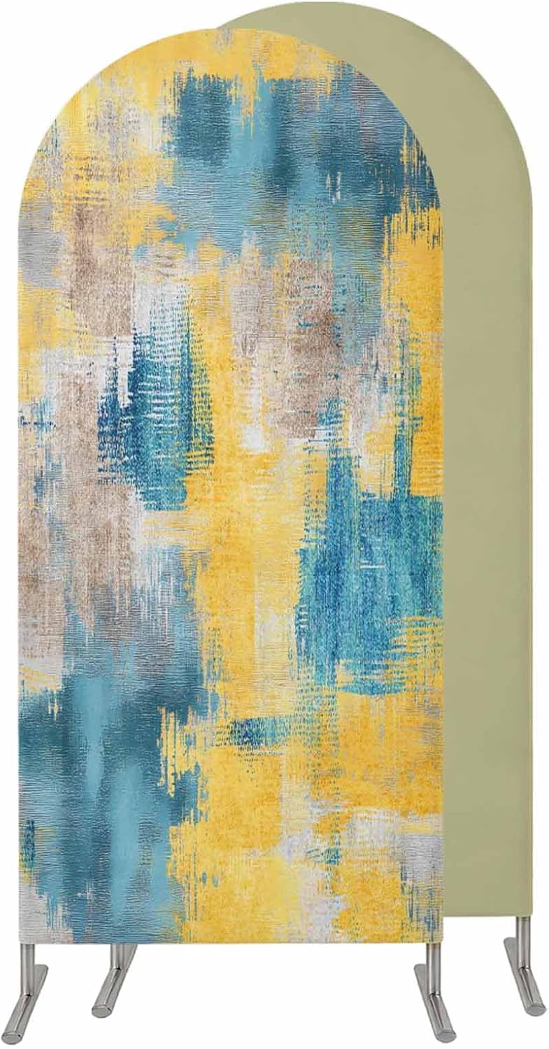 Jnbasdffb 7.2 Blue Yellow Brown Wedding Arch Cover,Stretchy Spandex Arch Backdrop Stand Covers FT,Modern Abstract