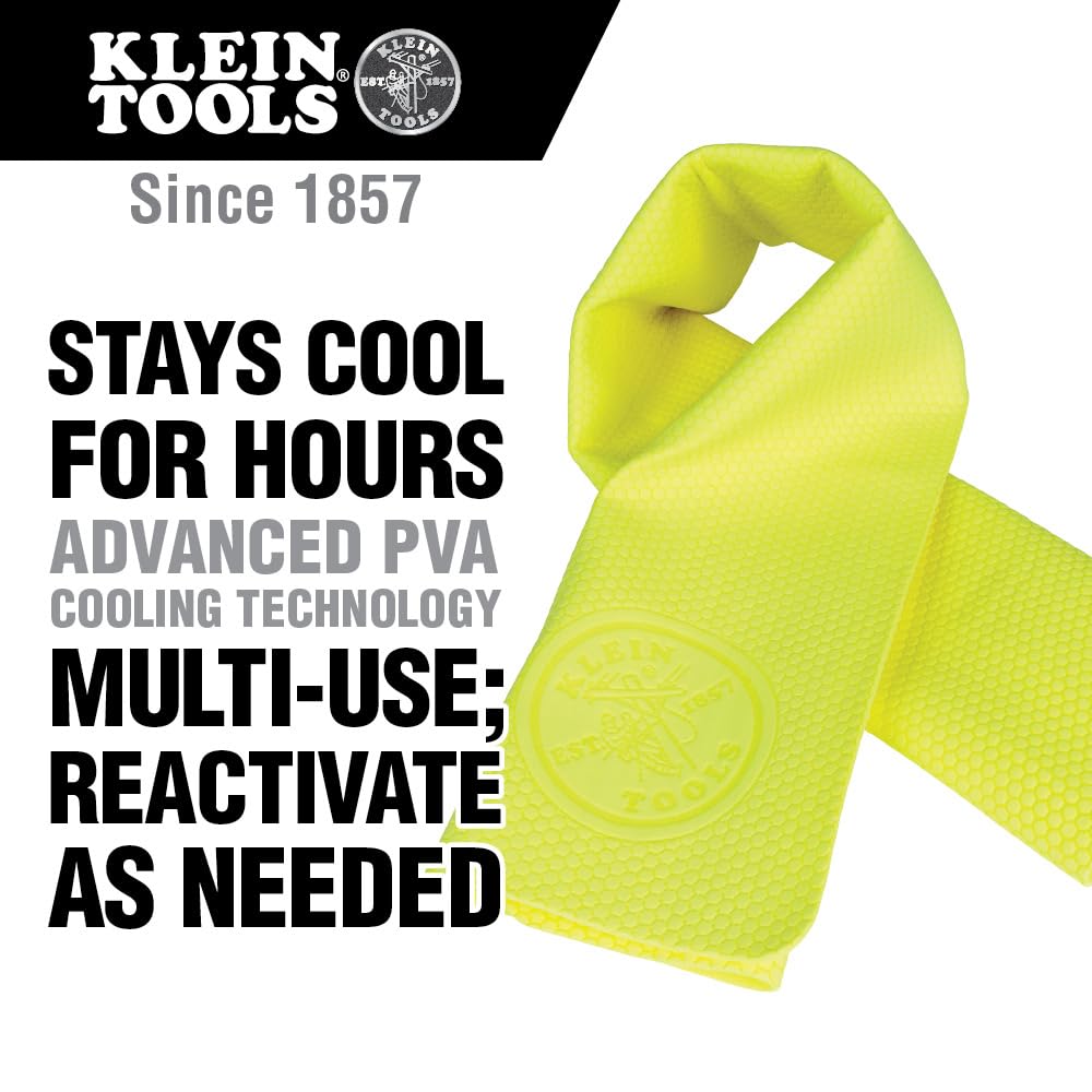 KLEIN TOOLS 60486 Cooling Towel with Evaporative PVA Technology, Comes in Resealable Bag with Convenient Carabiner Clip, Yellow, 2-Pack