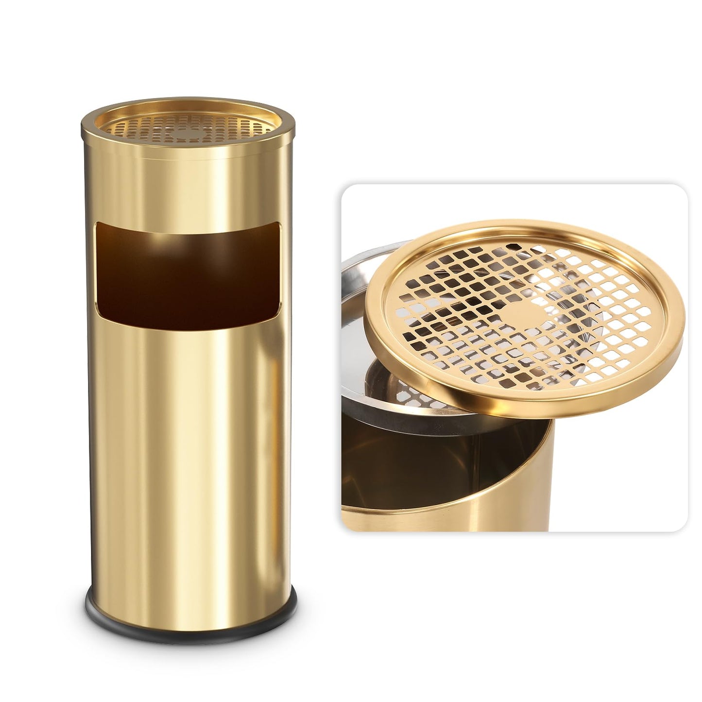 BEAMNOVA Matte Black 35.5 * 15.8 * 15.8 in Trash Can Outdoor Top Tray + Gold 9.8 * 24 in Stainless Steel Trash Can with Top Lid Tray
